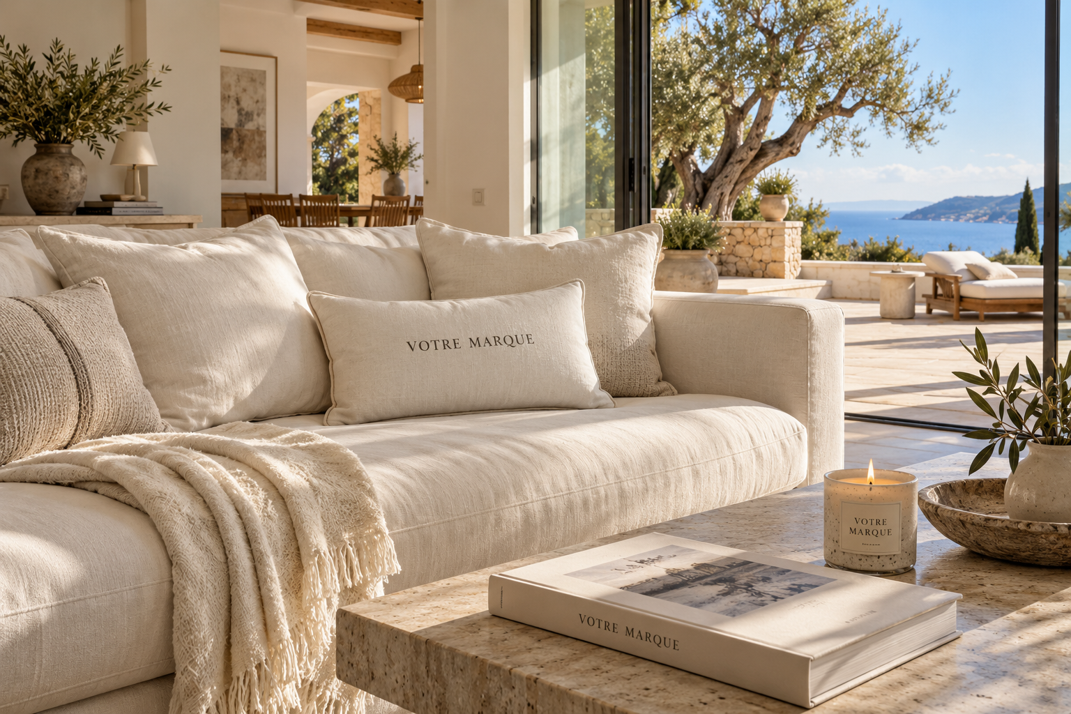 Concept de branding dans une villa du Sud : coussin brodé Votre marque, bougie et livre de bienvenue