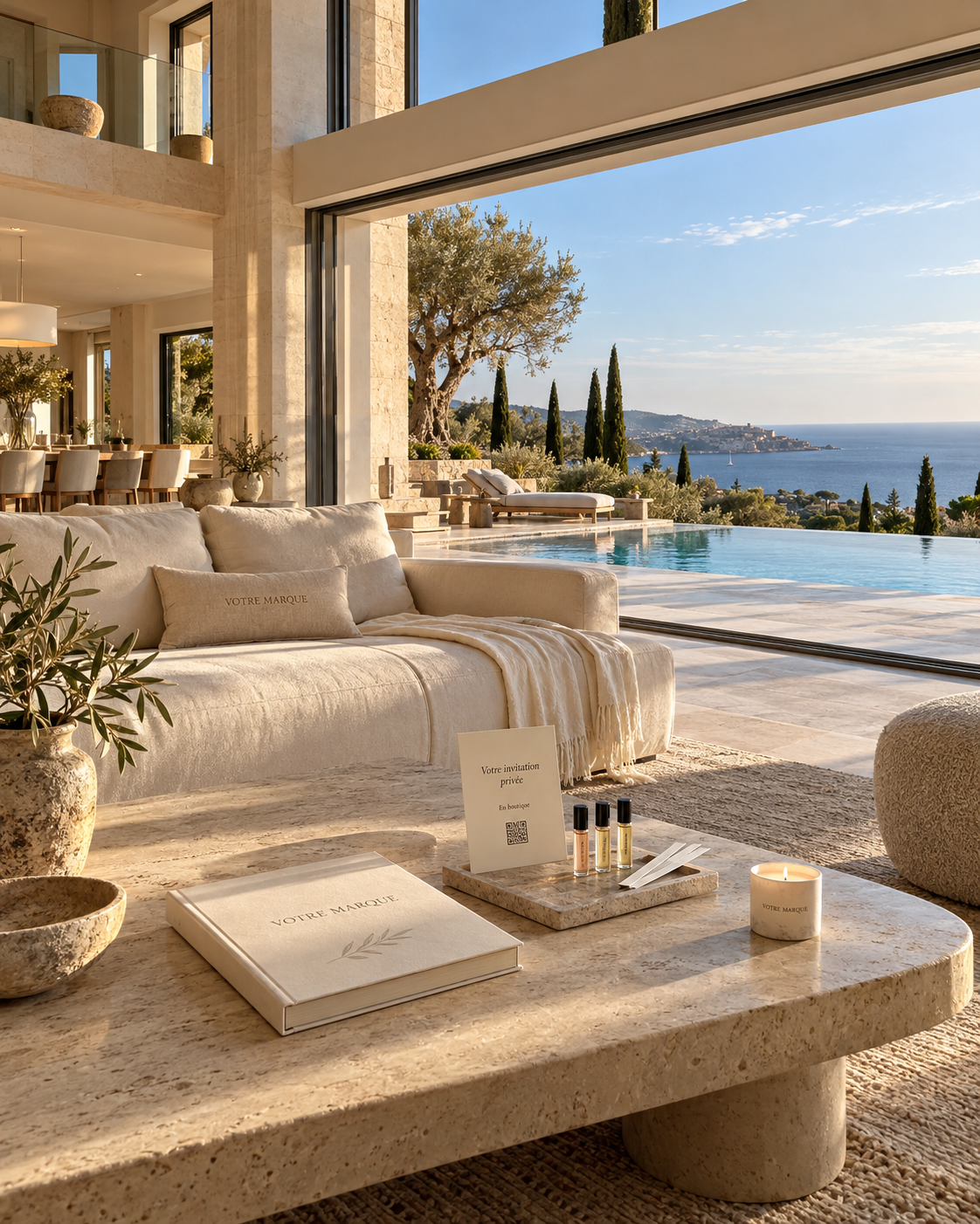 Concept d’activation dans une villa de luxe : salon ouvert sur la piscine et la mer, objets personnalisés, invitation en boutique et échantillons